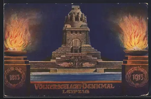 Künstler-AK Leipzig, Völkerschlacht-Denkmal, 1813-1913, Ganzsache