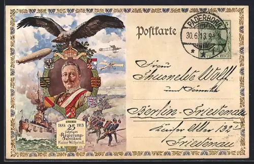 AK Kaiser Wilhelm II., 25jähriges Regierungsjubiläum 1913, Zeppelin, Ganzsache