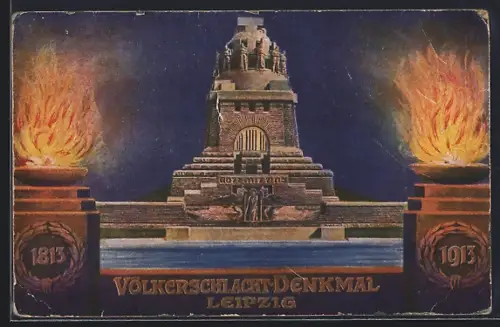 AK Leipzig, Völkerschlachtdenkmal, Flammenschalen, 1813-1913, Ganzsache