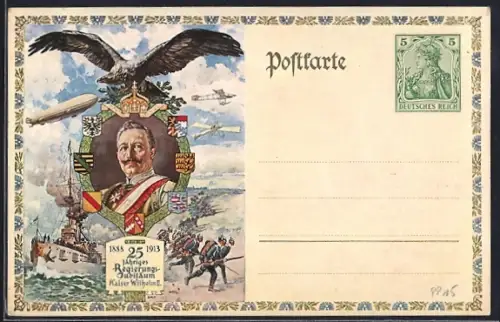 Künstler-AK Kaiser Wilhelm II. im Portrait mit schwarzem Adler, Zeppelin, Kriegsschiff, Ganzsache