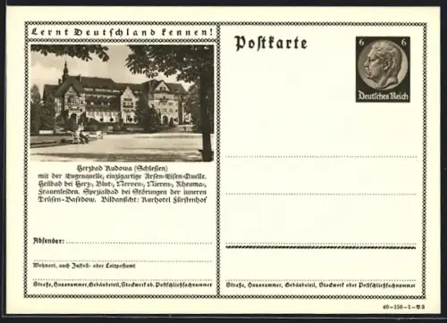 AK Kudowa /Schlesien, Kurhotel Fürstenhof mit der Eugenquelle, Ganzsache Lernt Deutschland kennen