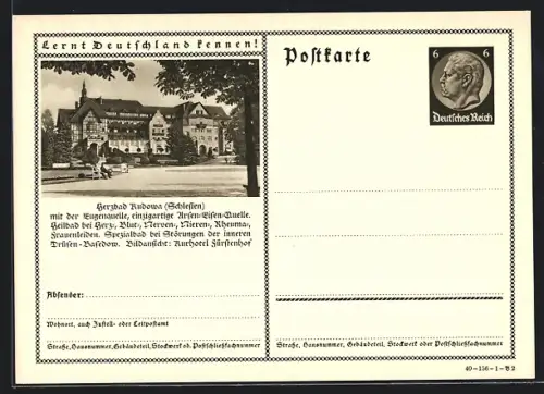 AK Kudowa /Schlesien, Kurhotel Fürstenhof mit der Eugenquelle, Ganzsache Lernt Deutschland kennen