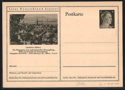 AK Landeshut /Schles., Blick auf die Stadt mit Riesengebirge, Ganzsache Lernt Deutschland kennen