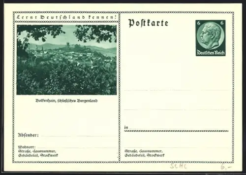 AK Bolkenhain /schlesisches Burgenland, Blick über den Ort, Ganzsache Lernt Deutschland kennen