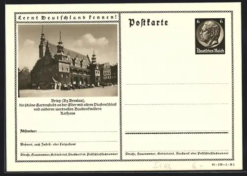 AK Brieg /Breslau, Partie am Rathaus, Ganzsache Lernt Deutschland kennen