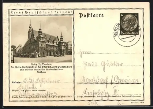 AK Brieg /Breslau, Partie am Rathaus, Ganzsache Lernt Deutschland kennen
