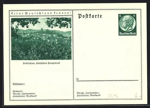 AK Bolkenhain /schlesisches Burgenland, Blick über den Ort, Ganzsache Lernt Deutschland kennen