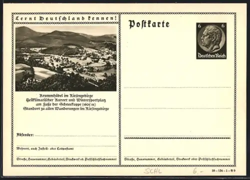 AK Krummhübel im Riesengebirge, Kurort am Fusse der Schneekoppe, Ganzsache Lernt Deutschland kennen