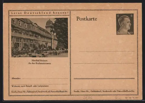 AK Bad Reinerz, Partie an den Kurhausterrassen, Ganzsache Lernt Deutschland kennen