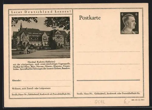 AK Bad Kudowa /Schlesien, Heilbad mit der stark arsen-eisenhaltigen Eugenquelle, Ganzsache Lernt Deutschland kennen