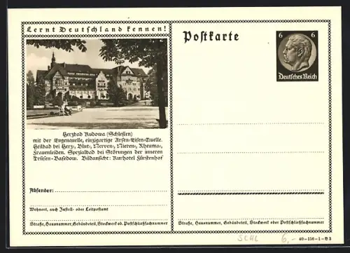 AK Bad Kudowa /Schlesien, Heilbad mit der stark arsen-eisenhaltigen Eugenquelle, Ganzsache Lernt Deutschland kennen