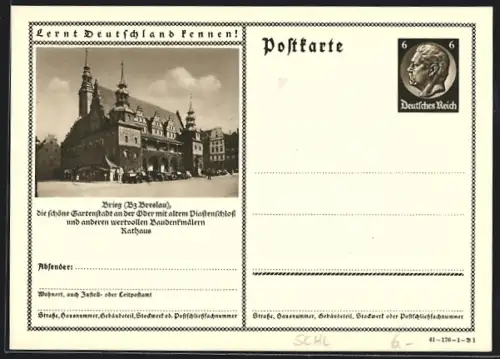 AK Brieg /Breslau, Partie am Rathaus, Ganzsache Lernt Deutschland kennen