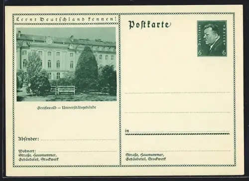AK Greifswald, Universitätsgebäude mit Gartenanlage, Ganzsache Lernt Deutschland kennen