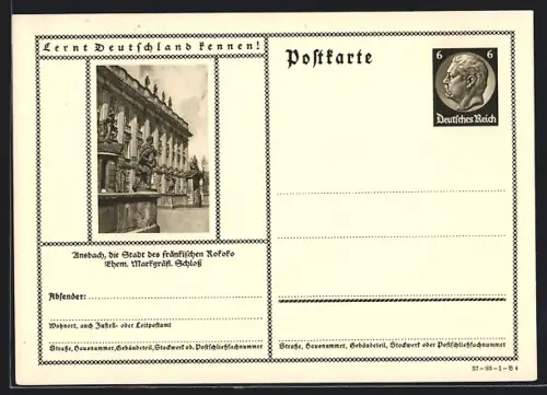 AK Ansbach, Ehem. Markgräf. Schloss, Ganzsache Lernt Deutschland kennen