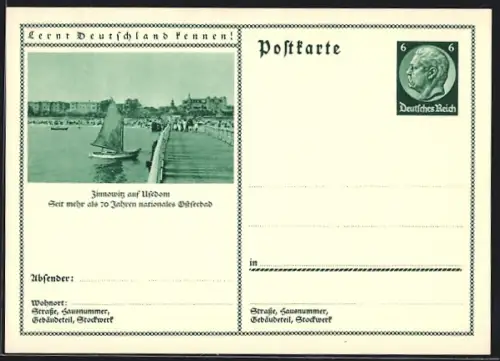 AK Zinnowitz auf Usedom, Strandansicht vom Steg aus, Ganzsache Lernt Deutschland kennen