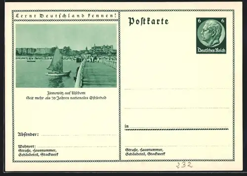 AK Zinnowitz auf Usedom, Strandansicht vom Steg aus, Ganzsache Lernt Deutschland kennen