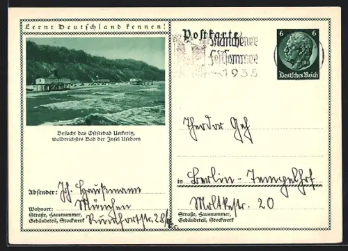 AK Ueckering /Usedom, Blick auf das Strandbad vom Meer aus, Ganzsache Lernt Deutschland kennen