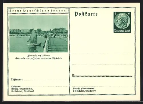 AK Zinnowitz auf Usedom, Strandansicht vom Meer aus, Ganzsache Lernt Deutschland kennen