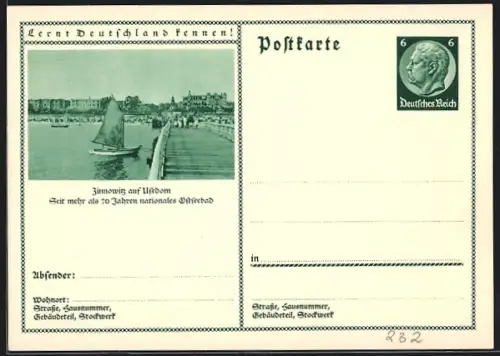 AK Zinnowitz auf Usedom, Strandansicht vom Meer aus, Ganzsache Lernt Deutschland kennen