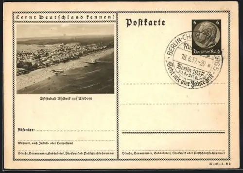 AK Ahlbeck /Usedom, Strandansicht aus der Luft, Ganzsache Lernt Deutschland kennen