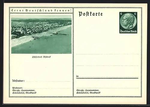 AK Ahlbeck, Ortsansicht vom Meer aus, Ganzsache Lernt Deutschland kennen