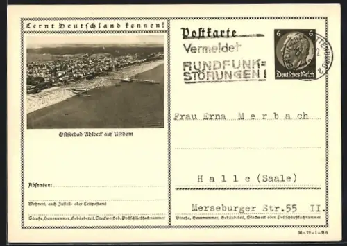 AK Ahlbeck auf Usedom, Ortsansicht vom Meer aus, Ganzsache Lernt Deutschland kennen