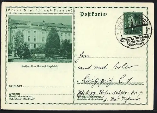 AK Greifswald, Partie am Universitätsgebäude, Ganzsache Lernt Deutschland kennen