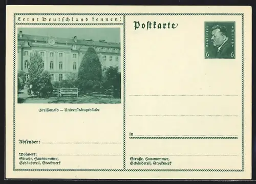 AK Greifswald, Partie am Universitätsgebäude, Ganzsache Lernt Deutschland kennen