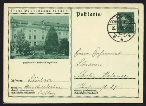 AK Greifswald, Partie am Universitätsgebäude, Ganzsache Lernt Deutschland kennen