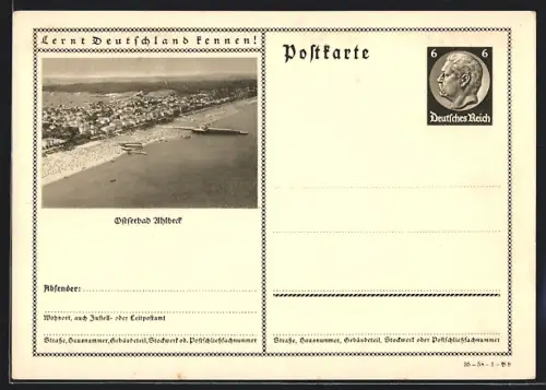 AK Ahlbeck, Strandansicht aus der Luft, Ganzsache Lernt Deutschland kennen