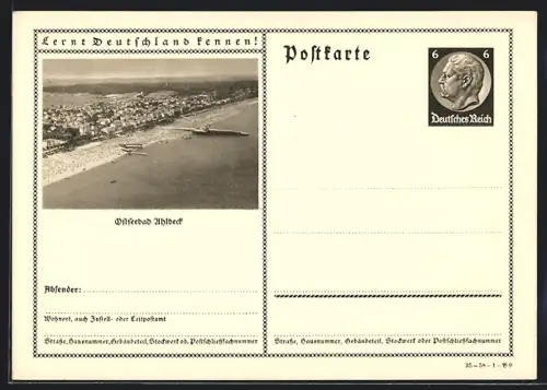 AK Ahlbeck, Strandansicht aus der Luft, Ganzsache Lernt Deutschland kennen