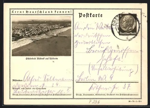 AK Ahlbeck auf Usedom, Strandansicht aus der Luft, Ganzsache Lernt Deutschland kennen