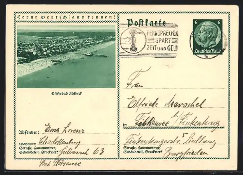 AK Ahlbeck, Strandansicht aus der Luft, Ganzsache Lernt Deutschland kennen