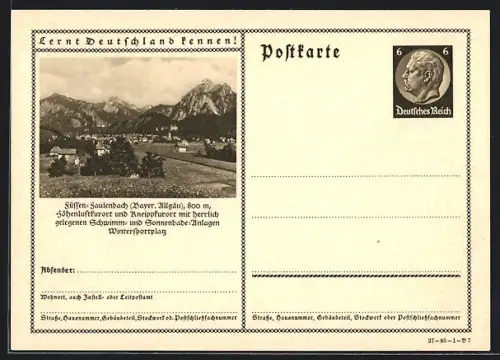 AK Füssen-Faulenbach /Bayer. Allgäu, Ortsansicht gegen die Berge, Ganzsache Lernt Deutschland kennen