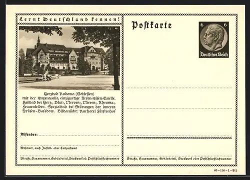 AK Bad Kudowa /Schlesien, Heilbad mit der stark arsen-eisenhaltigen Eugenquelle, Ganzsache Lernt Deutschland kennen