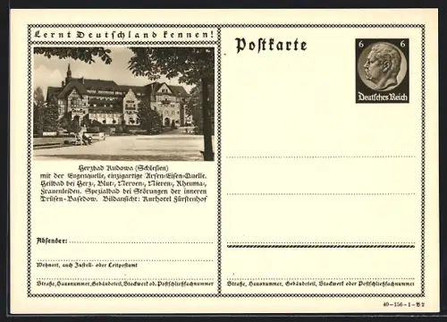 AK Bad Kudowa /Schlesien, Heilbad mit der stark arsen-eisenhaltigen Eugenquelle, Ganzsache Lernt Deutschland kennen