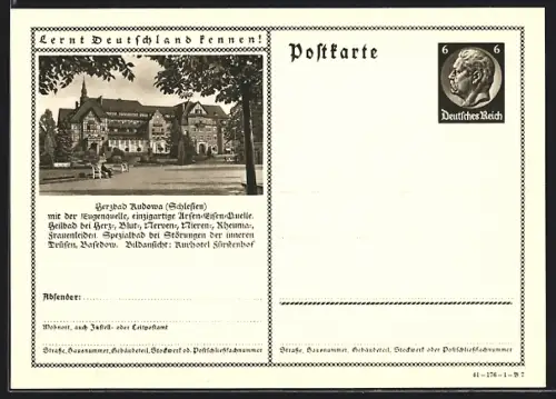 AK Bad Kudowa /Schlesien, Heilbad mit der stark arsen-eisenhaltigen Eugenquelle, Ganzsache Lernt Deutschland kennen