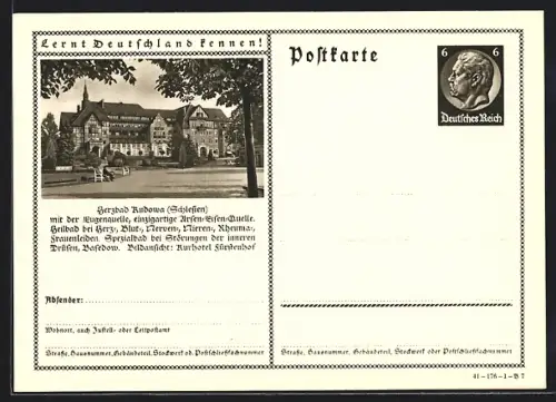 AK Bad Kudowa /Schlesien, Heilbad mit der stark arsen-eisenhaltigen Eugenquelle, Ganzsache Lernt Deutschland kennen