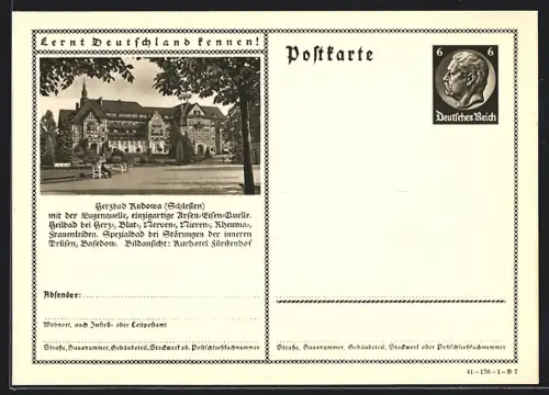AK Bad Kudowa /Schlesien, Heilbad mit der stark arsen-eisenhaltigen Eugenquelle, Ganzsache Lernt Deutschland kennen