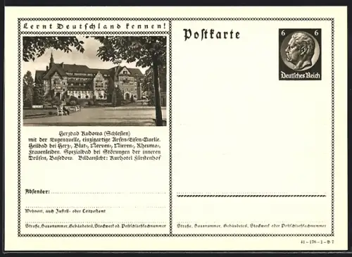 AK Bad Kudowa /Schlesien, Heilbad mit der stark arsen-eisenhaltigen Eugenquelle, Ganzsache Lernt Deutschland kennen