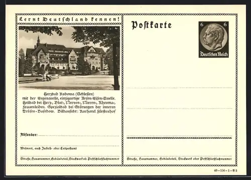 AK Bad Kudowa /Schlesien, Heilbad mit der stark arsen-eisenhaltigen Eugenquelle, Ganzsache Lernt Deutschland kennen