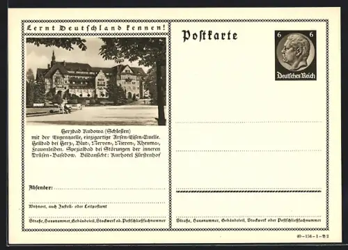 AK Bad Kudowa /Schlesien, Heilbad mit der stark arsen-eisenhaltigen Eugenquelle, Ganzsache Lernt Deutschland kennen