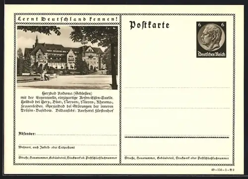 AK Bad Kudowa /Schlesien, Heilbad mit der stark arsen-eisenhaltigen Eugenquelle, Ganzsache Lernt Deutschland kennen