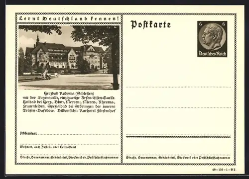 AK Bad Kudowa /Schlesien, Heilbad mit der stark arsen-eisenhaltigen Eugenquelle, Ganzsache Lernt Deutschland kennen