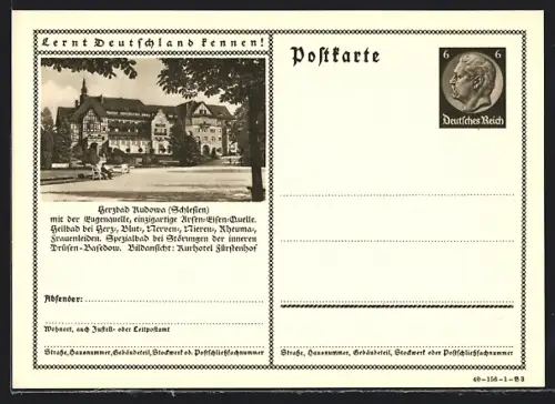 AK Bad Kudowa /Schlesien, Heilbad mit der stark arsen-eisenhaltigen Eugenquelle, Ganzsache Lernt Deutschland kennen