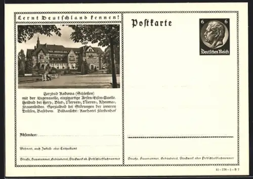 AK Bad Kudowa /Schlesien, Heilbad mit der stark arsen-eisenhaltigen Eugenquelle, Ganzsache Lernt Deutschland kennen