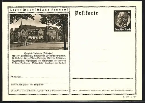 AK Bad Kudowa /Schlesien, Heilbad mit der stark arsen-eisenhaltigen Eugenquelle, Ganzsache Lernt Deutschland kennen