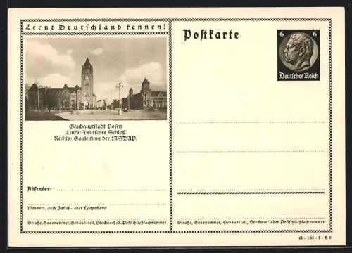 AK Posen, Deutsches Schloss und Gauleitung der , Ganzsache Lernt Deutschland kennen