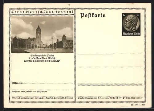 AK Posen, Deutsches Schloss und Gauleitung der , Ganzsache Lernt Deutschland kennen