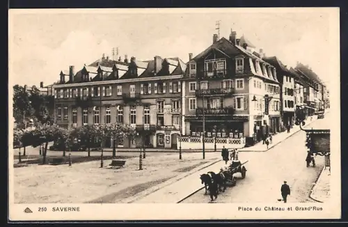 AK Saverne, Place du Château et Grand`Rue avec charrette tirée par des chevaux